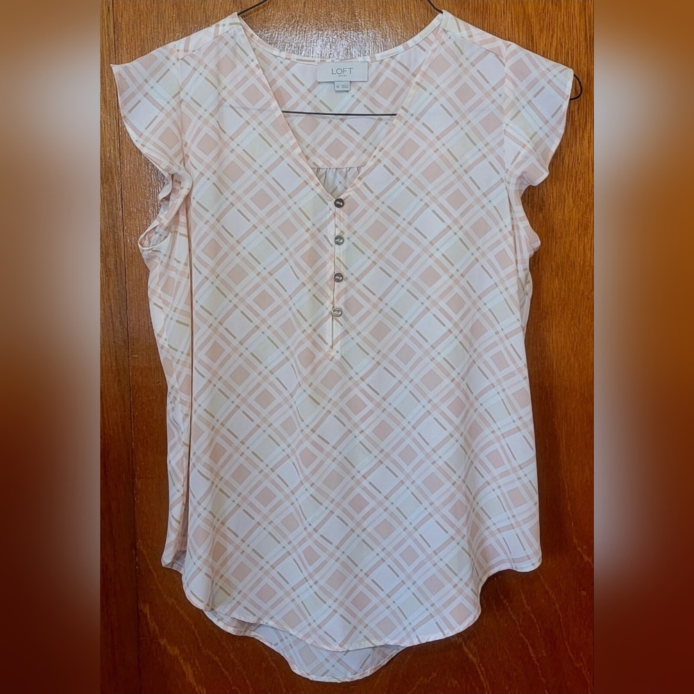 LOFT Pink Cream Plaid Ruffled Sleeveless Loose Top XS MINT CONDITION